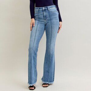 Judy Blue High Rise with Front Pintuck Detail Fray Hem Flared Jeans
